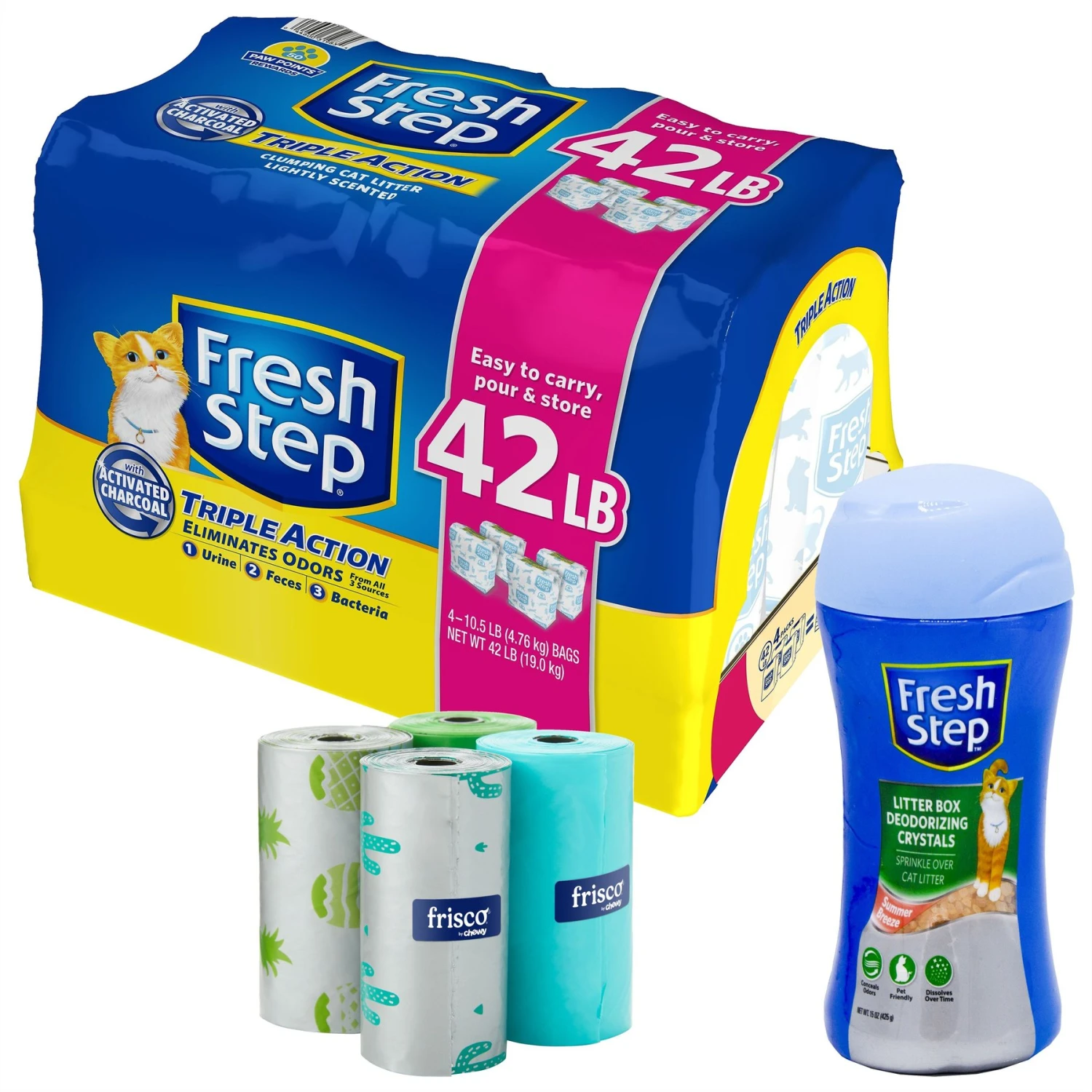 Fresh Step Triple Action Scented Clumping Clay Cat Litter + 2 items Fresh Step Triple Action Scented Clumping Clay Cat Litter + 2 Items -Frisco Pet Hub 613078 MAIN. AC SS1800 V1669925808